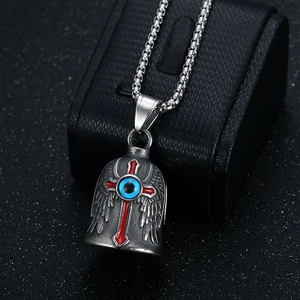 Vintage Edelstahl Biker Glocke Kette mit rotem Kreuz Flügeln und blauem Auge Motiv