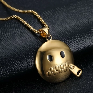Polished gold stainless steel zipper-mouth emoji pendant necklace with a round bead chain