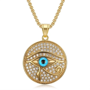 Gold stainless steel Eye of Horus pendant necklace with blue enamel and rhinestones