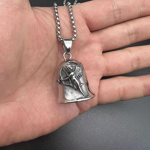 Vintage stainless steel angel wings guardian bell pendant with punk biker curb chain