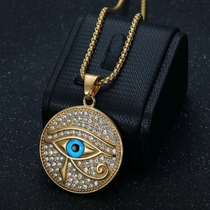 Hip Hop Stainless Steel Eye Of Horus Pendant Necklace Gold Plated Pave Rhinestone Egyptian Religious Style Jewelry For Unisex