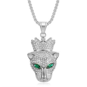 Collier hip hop avec pendentif tête de léopard argenté couronne et yeux verts brillants