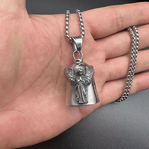 Vintage titanium steel biker bell pendant with embossed angel wings and matching chain