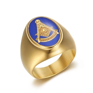 Gold-plated stainless steel Freemason ring with blue enamel signet and square symbol