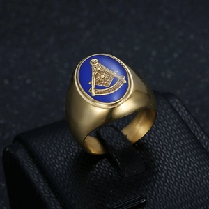 Masonic Freemasonry Signet Ring For Men Stainless Steel Blue Enamel Square And Compass Vintage Gold Silver Plated Jewelry Ring
