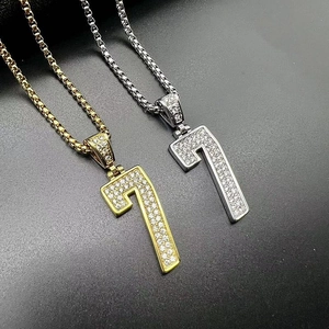 Hip Hop Stainless Steel Number 7 Pendant Necklace Iced Out Rhinestone Pave Men Women Street Style Jewelry Accessory Gift