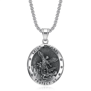 Collier Pendentif Saint Michel Archange Protégez-nous en Acier Inoxydable Titane Bijoux Religieux Hip Hop