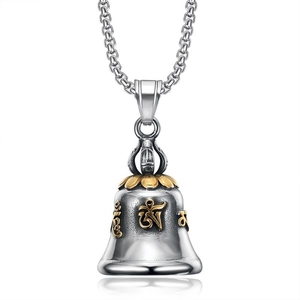 Vintage stainless steel bell pendant necklace with gold lotus and Sanskrit Om symbol