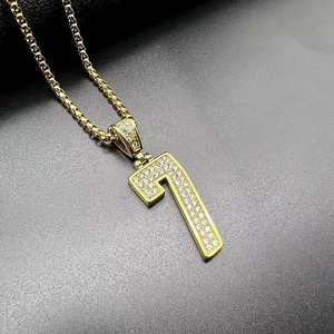Hip hop gold plated stainless steel necklace with iced out number 7 pendant and box chain