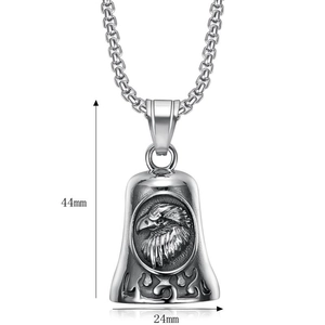 Detailed view of eagle biker bell pendant with dimensions of 44mm height and 24mm width