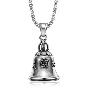 Vintage stainless steel motorcycle bell necklace with engraved religious symbols