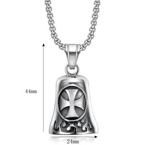 Polished stainless steel cross bell pendant necklace showing dimensions 44mm by 24mm