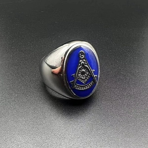 Silver stainless steel Freemason ring with oval blue enamel top and G square compass sign