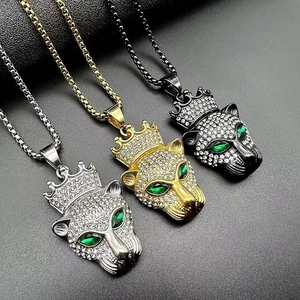Collier tête de léopard hip hop avec couronne et zircons en or argent et noir poli