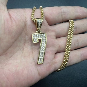 Hip hop gold plated stainless steel necklace with iced out number 7 pendant on box chain