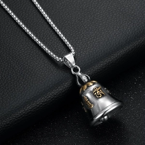 Titanium steel mantra bell necklace with gold clouds and silver beads on leather