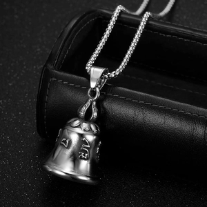 Titanium steel biker bell necklace with Sanskrit engraving on a black leather box