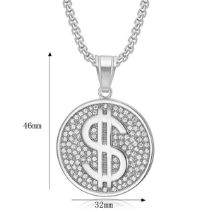 Pendentif signe dollar hip hop avec strass micro-pavés, dimensions de 46mm et 32mm