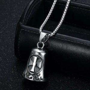 Polished stainless steel vintage cross bell pendant with biker style flame details
