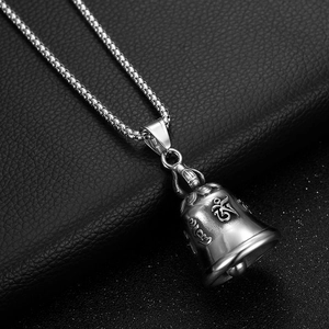 Vintage stainless steel motorcycle guardian bell pendant necklace with relief engravings