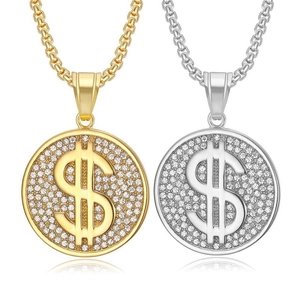 Hip Hop Edelstahl Dollar Anhänger Halskette Strass Eingelegt Gold Silber Anhänger Schmuck Für Herren Damen