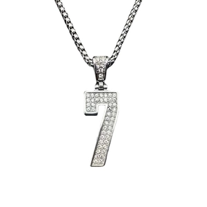 Hip hop silver number 7 pendant necklace with iced-out crystals on a box chain