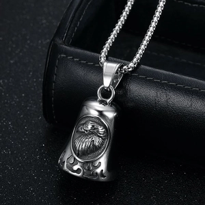 Vintage stainless steel eagle bell pendant necklace with polished finish for bikers