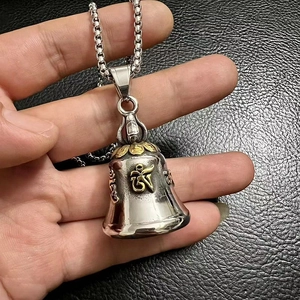Vintage titanium steel bell pendant necklace with golden Sanskrit engraving and chain
