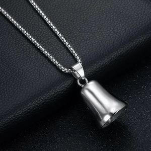 Polished stainless steel bell pendant necklace with silver box chain on black leather