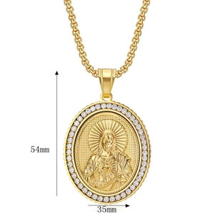 Gold plated stainless steel hip hop necklace with Jesus pendant and cubic zirconia