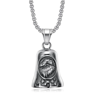 Vintage stainless steel guardian bell pendant with eagle head engraving on biker chain