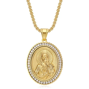 Hip Hop Stainless Steel Jesus Sacred Heart Pendant Necklace Pave Rhinestone Oval Religious Jewelry Gold Plated Relic Medallion For Men Women