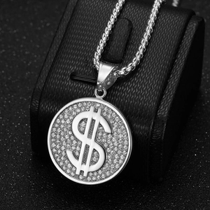 Collier hip hop avec pendentif signe dollar argenté pavé de diamants et chaîne box