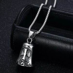 Vintage stainless steel cross bell pendant necklace with flame hollow design on bead chain