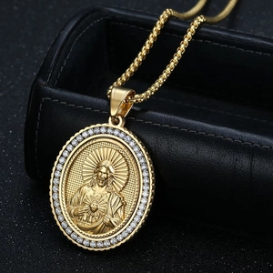 Iced-out gold plated stainless steel Jehovah pendant necklace with sparkling white zircons