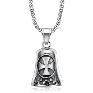 Polished stainless steel cross bell pendant necklace with retro biker style chain