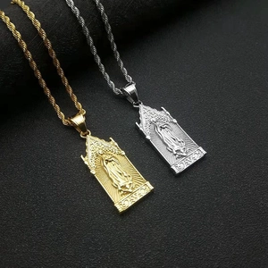 Golden and silver Virgin Mary Guadalupe pendants with rope chains on black background