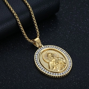 Hip hop gold plated Jesus pendant necklace with shimmering zircon accents on box chain