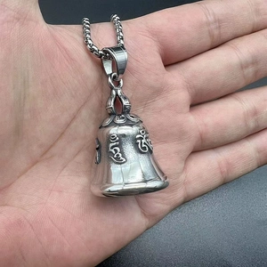 Titanium steel biker lucky bell pendant necklace with embossed Sanskrit engraving