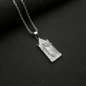 Silver Hip Hop Virgin Mary relief pendant necklace with stainless steel twist chain