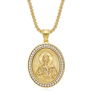 Collier Pendentif Religieux Saint Jude Hip Hop en Acier Inoxydable Plaqué Or Relief Jésus Strass Incrusté Bijoux Homme