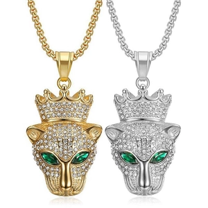 Collier Pendentif Tête de Léopard Couronne en Acier Inoxydable Hip Hop pour Hommes Femmes Bijoux Pendentif Animal Strass