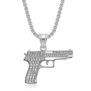 Hip Hop Silber 1911 Pistolen-Anhänger Kette mit Strasssteinen auf einer quadratischen Kette