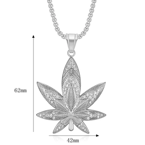 Silver iced out maple leaf pendant necklace with rhinestones and 62mm height detail