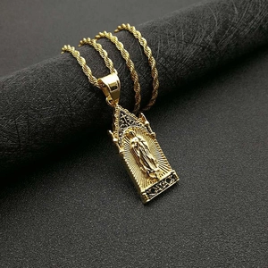 Gothic arch Virgin Mary pendant necklace in gold titanium steel on a twisted rope chain
