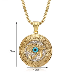Detailed view of gold Eye of Horus pendant measuring 40mm by 59mm with inlaid crystals