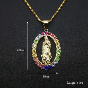 Hip hop gold plated Virgin Mary pendant with colorful crystals on a black background