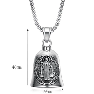 Titanium steel St. Benedict exorcism bell pendant necklace, 48mm silver retro rider bell
