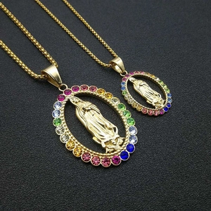 Virgin Mary hiphop necklace with colorful rhinestones in titanium steel gold plating