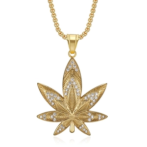 Gold plated maple leaf pendant necklace with rhinestones on classic box chain